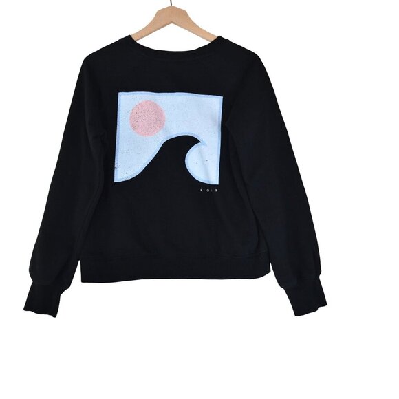 Roxy Wave Graphic Black Pullover Sweatshirt Size M Coastal Surfer Minimalist - Picture 1 of 9